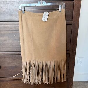Neiman Marcus Tan Suede Mini Skirt with Fringe-size S